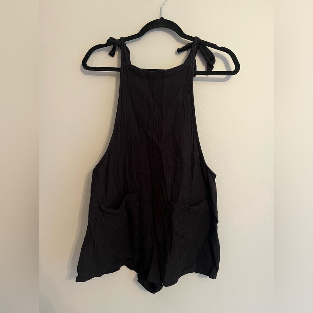 Black linen tie strap romper